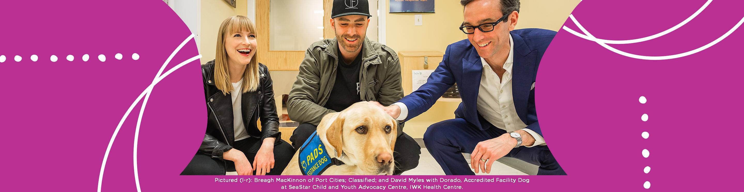 Breagh MacKinnon, Classified, and David Myles with Dorado, accredited Facility dog