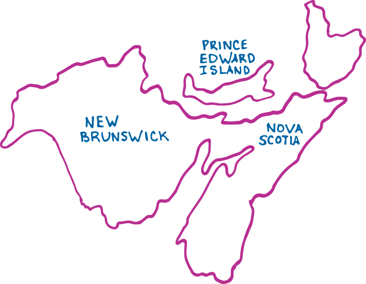 A cartoon map of the Maritimes including Nova Scotia, New Brunswick, and Prince Edward Island