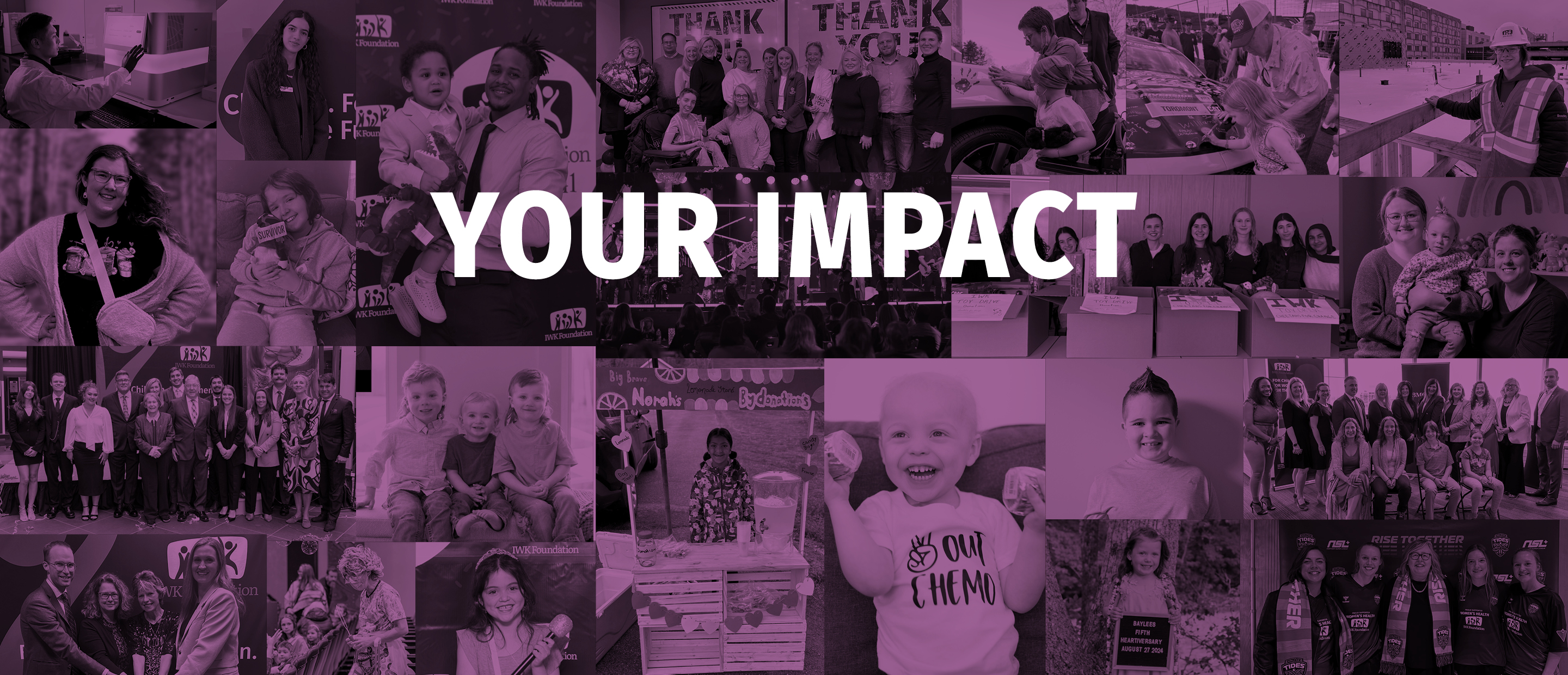 A photo collage of IWK patients and care provider with text that says, 'Your Impact'.