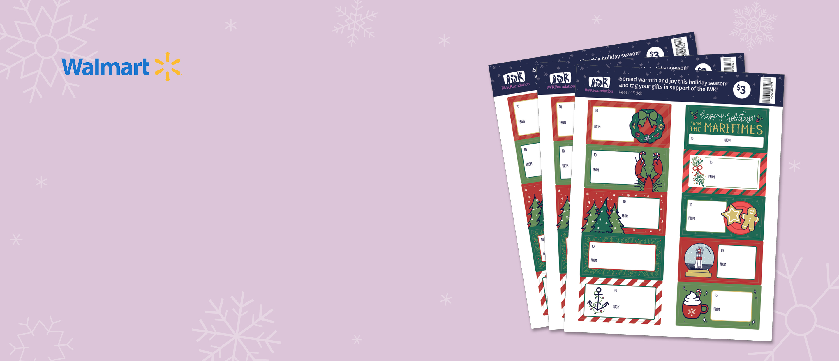 Holiday-themed IWK Foundation gift-tag sheets displayed on a purple background with snowflakes, alongside the Walmart logo.