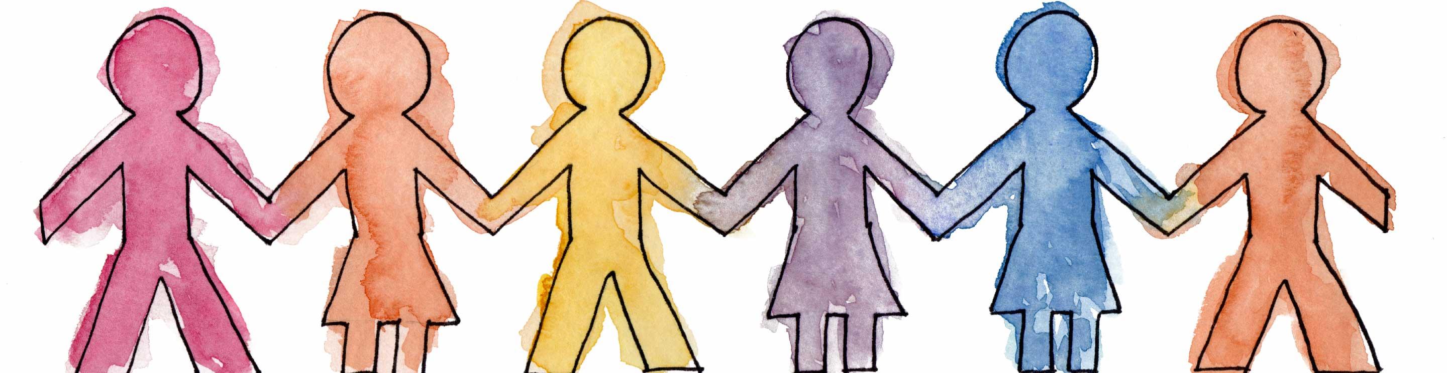 Multicolored paper doll cutouts holding hands