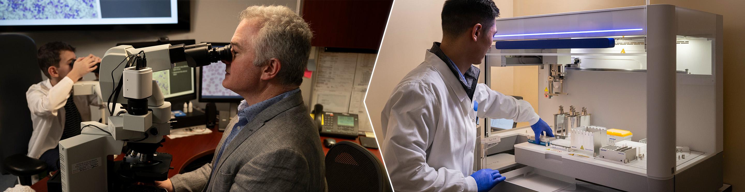 On the left: Dr. Conrad looking through a microscope. On the right: A lab technician placing samples in a tray.  