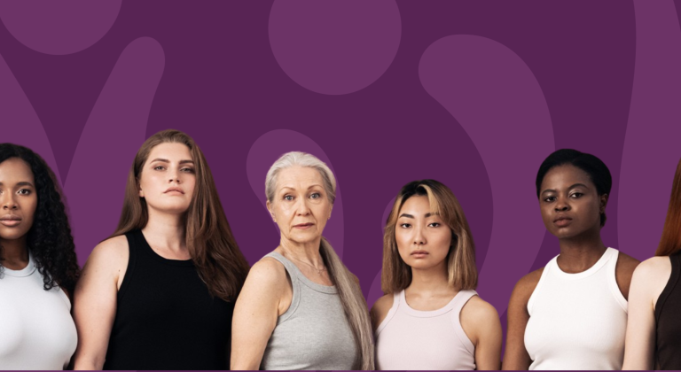Group of six diverse women standing together against a purple background