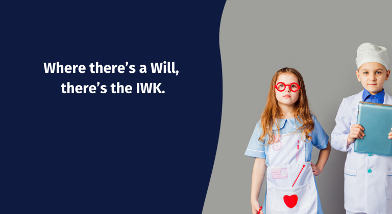 Three children dressed as doctors and a nurse beside the text, “Where there’s a Will, there’s the IWK.”