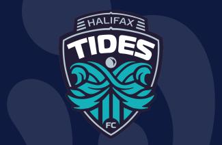 Halifax Tides FC logo featuring stylized teal ocean waves on a dark blue shield background.