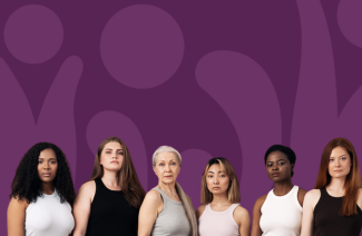 Six diverse women standing together against a purple abstract background.