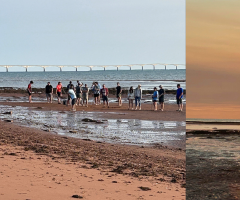 People playing golf on a sandbar
